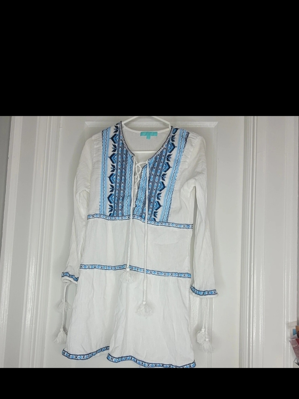 Melissa Odabash White Textured Cotton Swim Cover Up With Blue Patterning & Trim